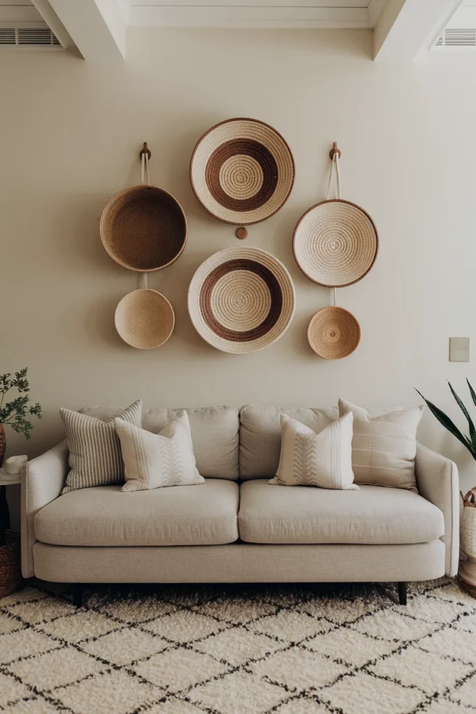 above the couch woven baskets
