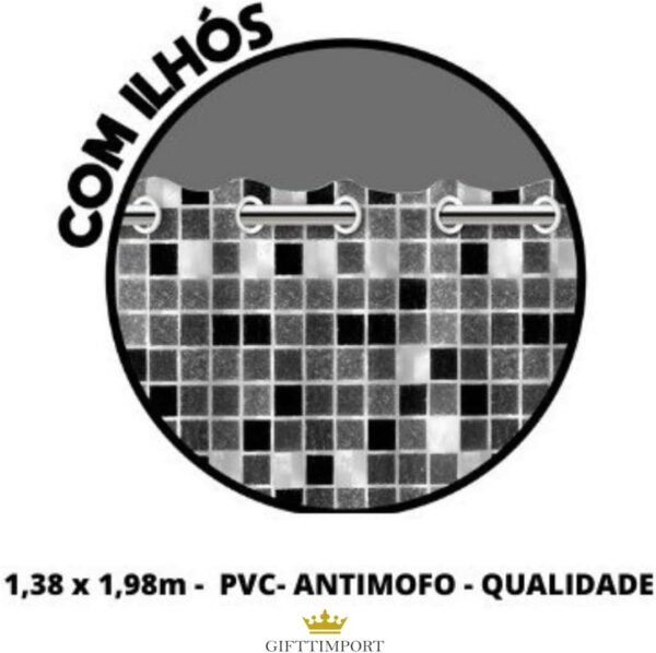 Cortina Box Para Banheiro com Ilhós Desenho Pastilhas Preta... - Imagem 6