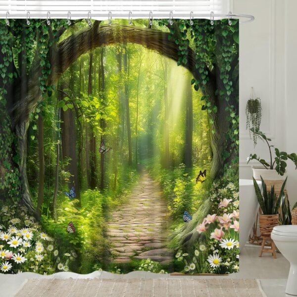 Cortina de chuveiro com árvore florestal, verde, rústico,... - Imagem 2
