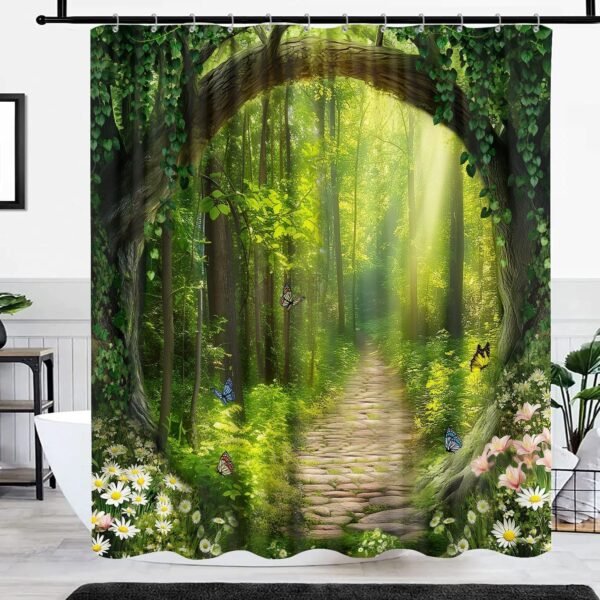 Cortina de chuveiro com árvore florestal, verde, rústico,... - Imagem 4