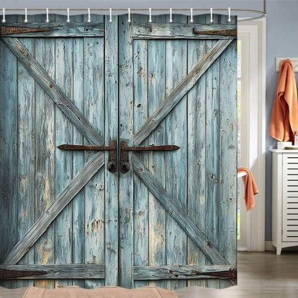 Cortina de chuveiro de porta de celeiro de madeira, cortina... - Imagem 2
