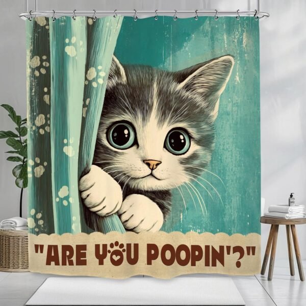 Kalmico Cortina de chuveiro engraçada gato gatinho 182 cm L... - Imagem 4