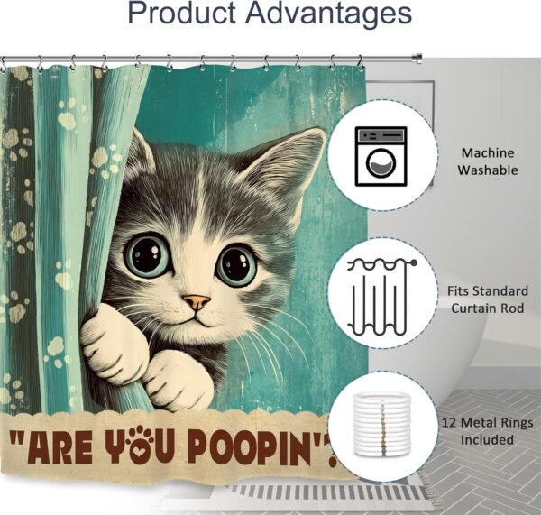 Kalmico Cortina de chuveiro engraçada gato gatinho 182 cm L... - Imagem 5