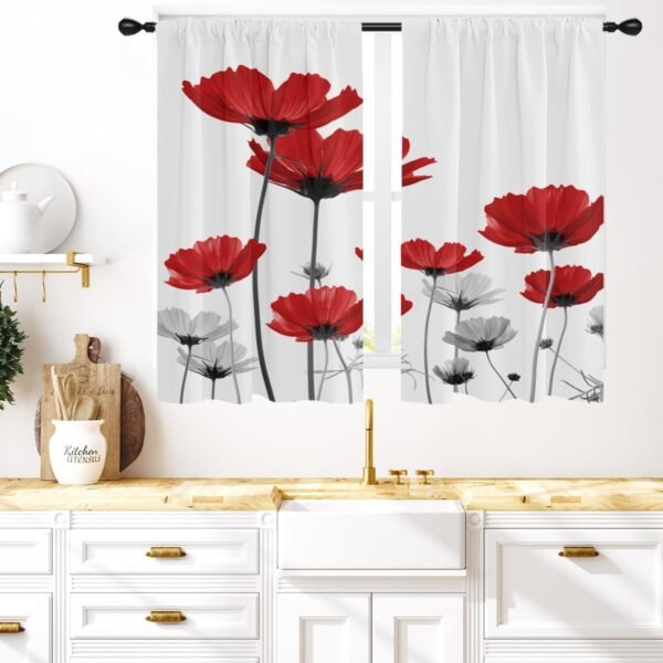 Coxila Cortinas de janela de cozinha florais vermelhas 70 x...