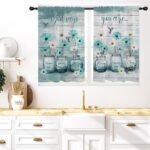 Coxila Cortinas de janela de cozinha floral azul-petróleo 70...