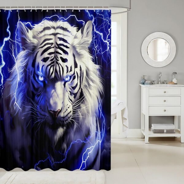 Cortina de chuveiro de tigre selvagem, 3D neon azul marinho... - Imagem 2