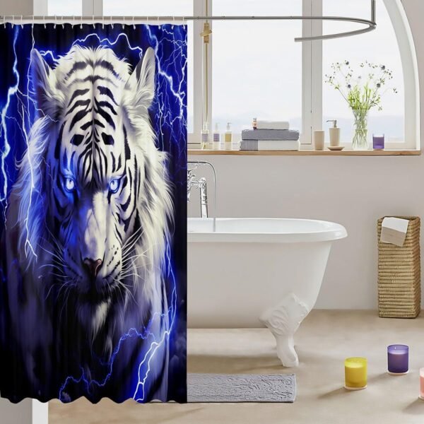 Cortina de chuveiro de tigre selvagem, 3D neon azul marinho... - Imagem 3