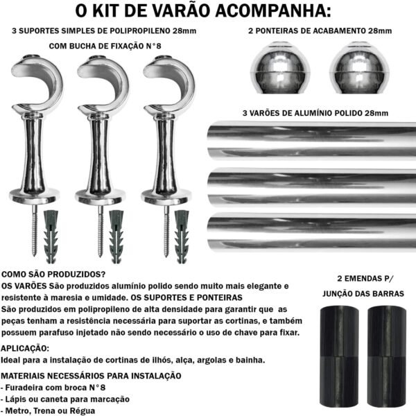 Kit Varão 3,00 metros 28mm Cromado para Cortinas Simples e... - Imagem 2