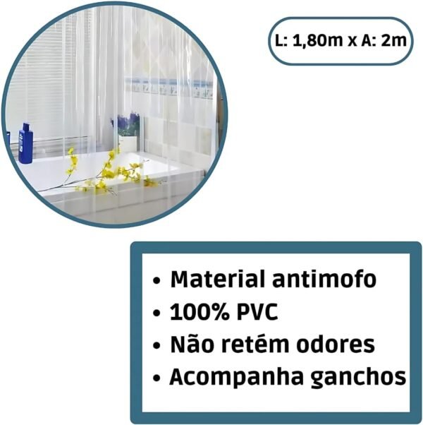 Cortina Banheiro Box Antimofo 1,80 X 2,00 PVC - Imagem 2