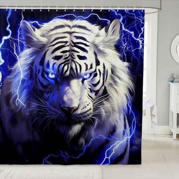 Cortina de chuveiro de tigre selvagem, 3D neon azul marinho...