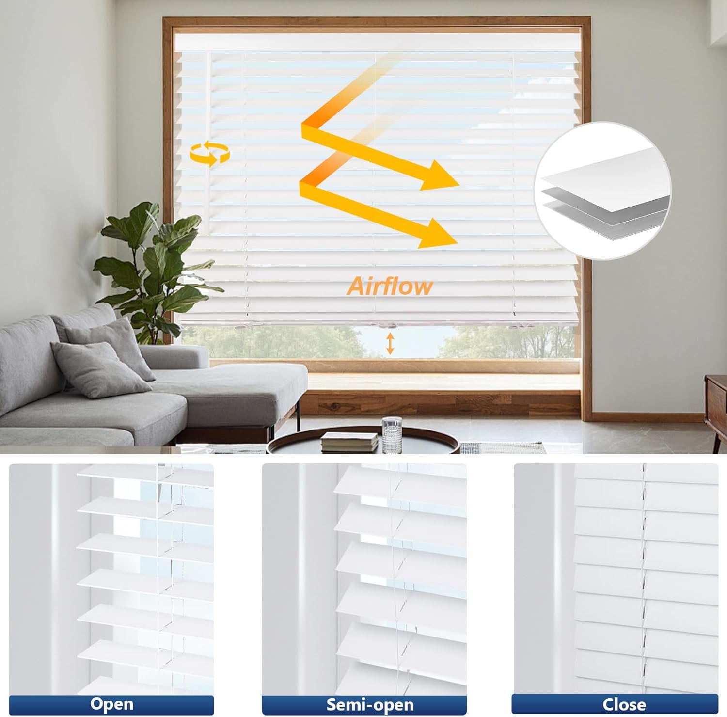 Grandekor Persianas de madeira sintética sem fio, persianas... - Imagem 2