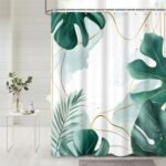 Cortinas de chuveiro verdes para banheiro, folha de palmeira...