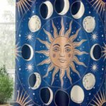 Cortina de chuveiro celestial sol e lua azul galáxia...