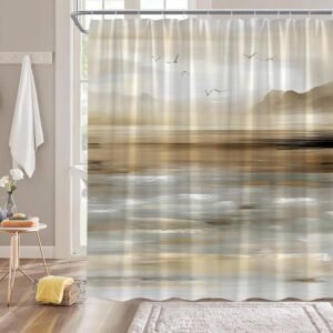 Cortina de chuveiro de praia marrom abstrata retrô pintura a...

